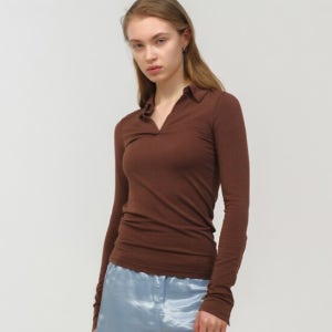 문선 Slim Jersey Collar Top / Brown