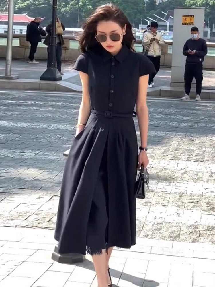 복고 캐주얼 여자 원피스 버튼 허리벨트 카라 패션 슬림 단색 a라인 하이웨스트 XL 블랙