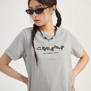 [럭키슈에뜨] [CASPER X CHOUETTIES] Lettering Graphic Slim Fit Short Sleeve T-Shirt (melange grey) LATAX26