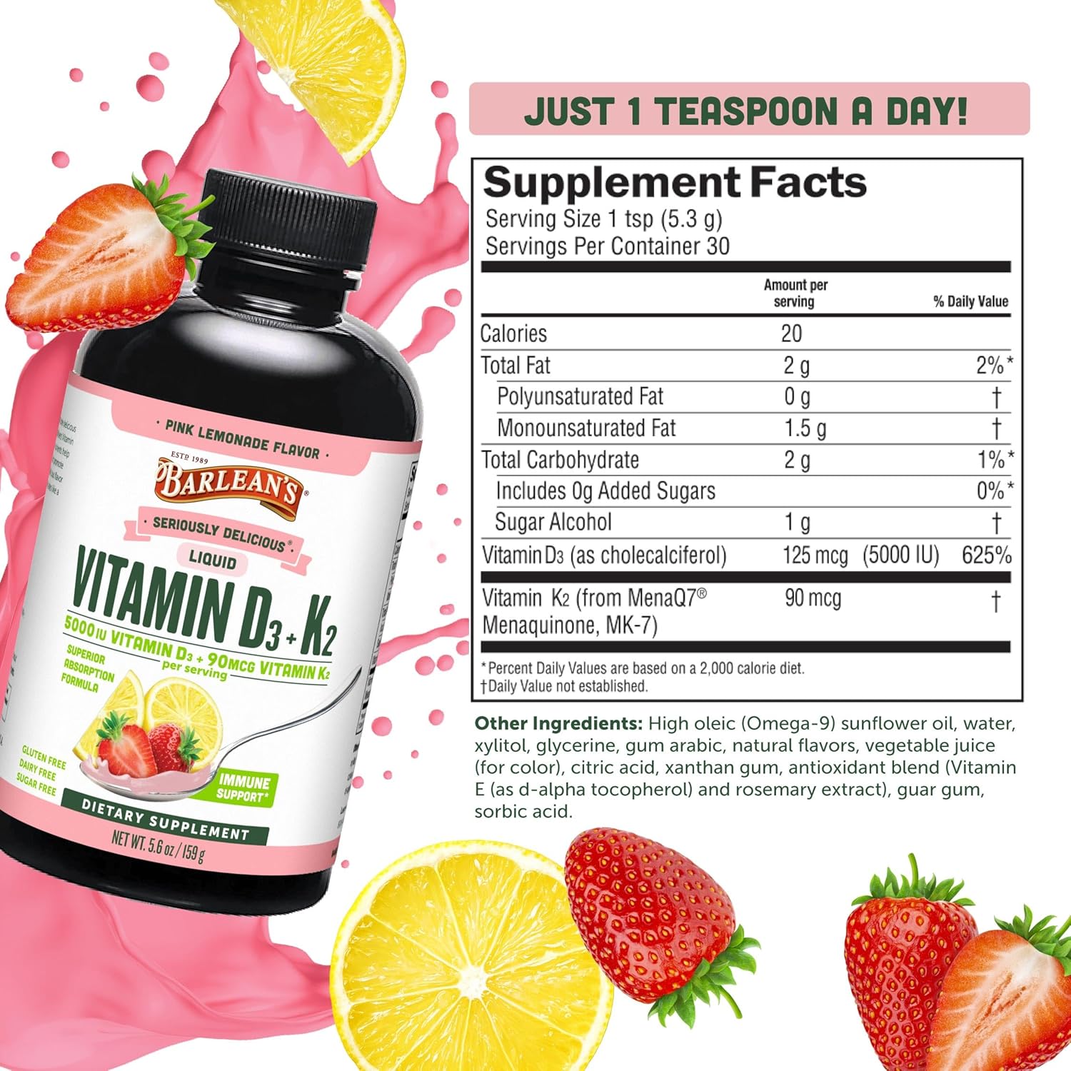 <b>발린스</b> 키즈/성인 <b>비타민 D3</b>+K2 리퀴드 핑크 레모네이드 2개 (5.6oz 각)