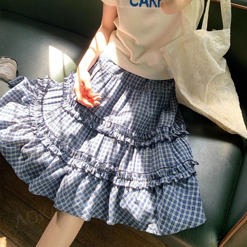 부드러운 면혼방 블루 화이트 체크 프릴 캉캉 스커트 하이웨스트 A라인 셔링 미디 치마 빈티지 감성 데일리룩 데이트룩 여름 스커트 밴딩 허리 편안한 휴양지룩 바캉스 코디 블루 체크