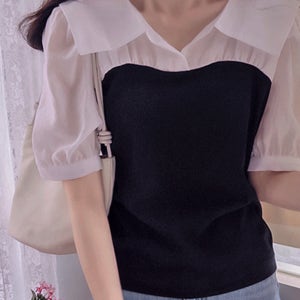 [LABEL] 베르너 카라 쫀득스판배색 세련미 블라우스[size:F,1]