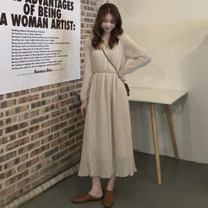 [하프클럽] 여자 아코디언 V넥 환절기 쿨링 롱원피스