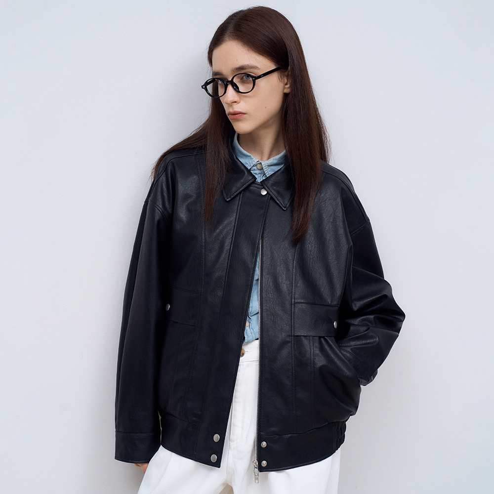 도프셉 Vegan Leather Overfit Blouson Jacket in Black DSVJK05BLK