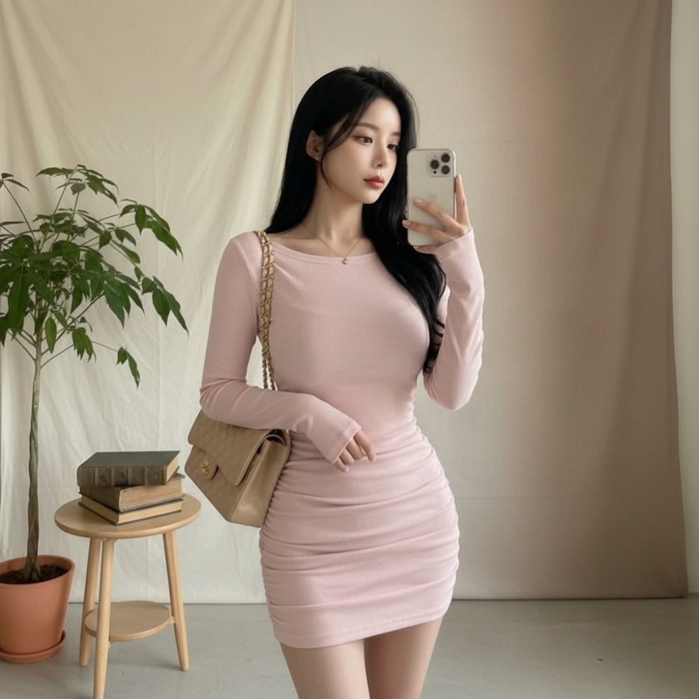 옷자락 골지 긴팔 보트넥 셔링 뒷리본 슬림핏 미니드레스 op23091
