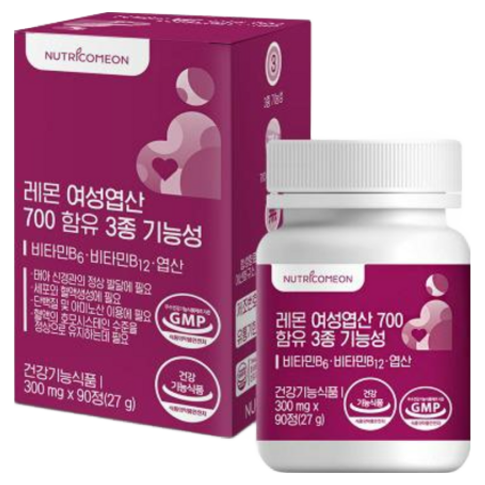 뉴트리커먼 <b>레몬 여성엽산 700함유 3종 기능성</b> 90정 3개월분  1개