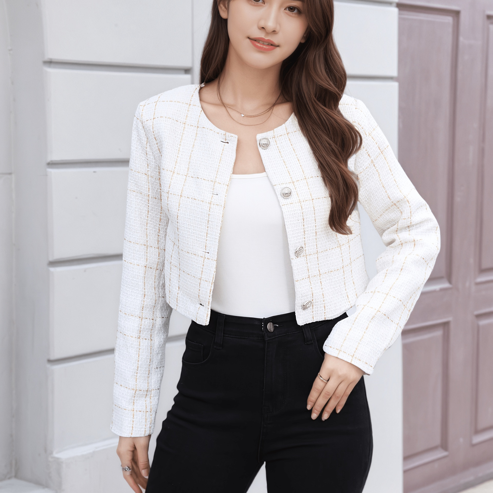 2026년 핫 트렌디 트위드 크롭 재킷, 화이트 골드 체크 엘레강스 스타일 , 직장 데이트 파티용 올매치 데일리 코트