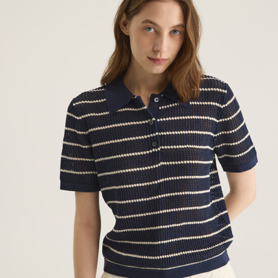오트밀카페 Linen Blend Striped Knitted Polo Shirt - Navy