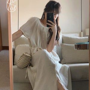 롱원피스 (일부당일) [liter] 리터 벨라 셔츠 롱 원피스 (2color) 유넥/스트랩/A라인/셔링/퍼프/반팔/링클/롱치마/휴양지룩
