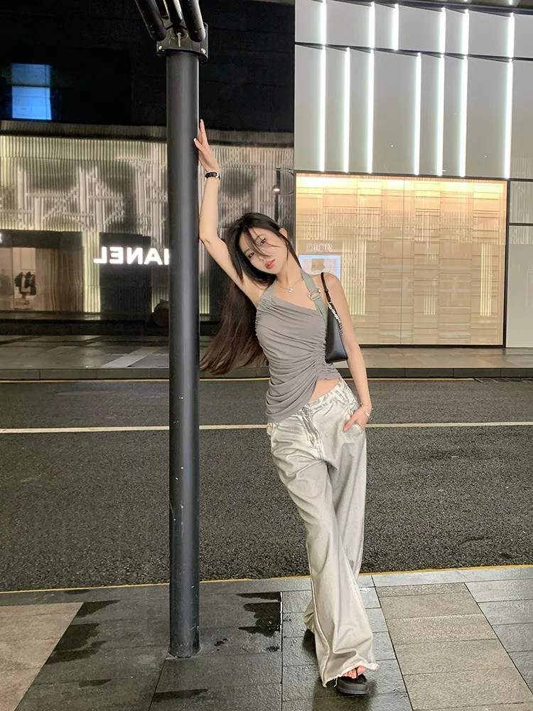 트렌디한 메탈릭 디자인 시크 하이웨스트 와이드 데님 팬츠 여여름 루즈핏 슬림해 보이는 일자 슬랙스 L 실버 그레이