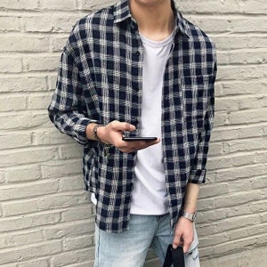 [하프클럽]여름용 베이지 체크 7부 남성용 캐주얼 셔츠 직장인 학생 데일리 남방