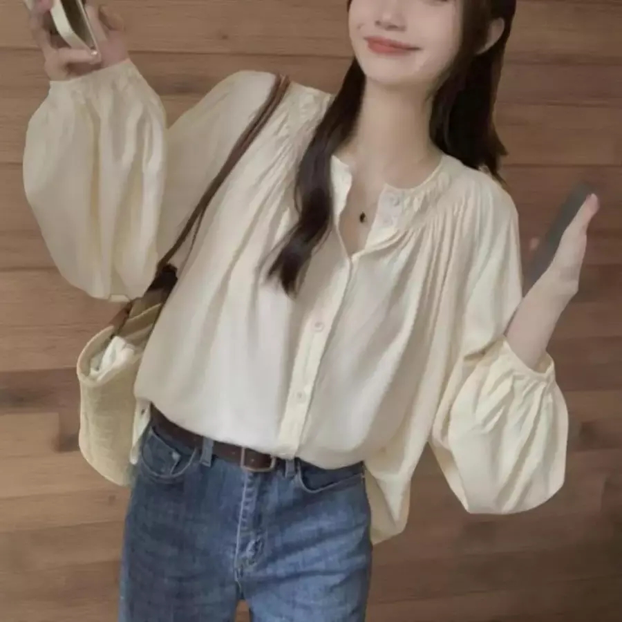 여성용 루즈핏 크림색 벌룬소매 블라우스