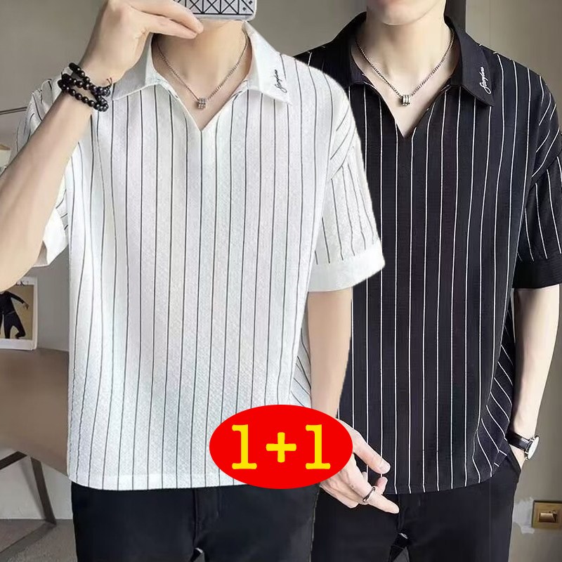 AOKADA 1+1 남성 스트라이프 폴로 반팔 티셔츠 클래식 캐주얼 블랙+흰색 L