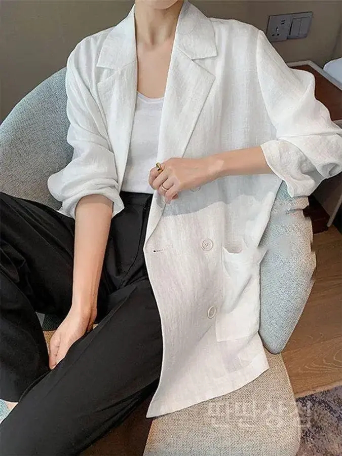 여성화이트린넨자켓 싱글 정장 포켓 긴팔 여름 재킷 루즈핏 오피스룩 면 얇은 여성 하객룩