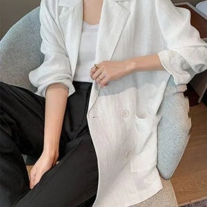여성화이트린넨자켓 싱글 정장 포켓 긴팔 여름 재킷 루즈핏 오피스룩 면 얇은 여성 하객룩