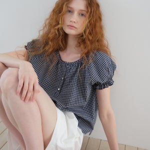 [포에트서울] checked puff sleeve blouse_navy PS25SSTBL02NV