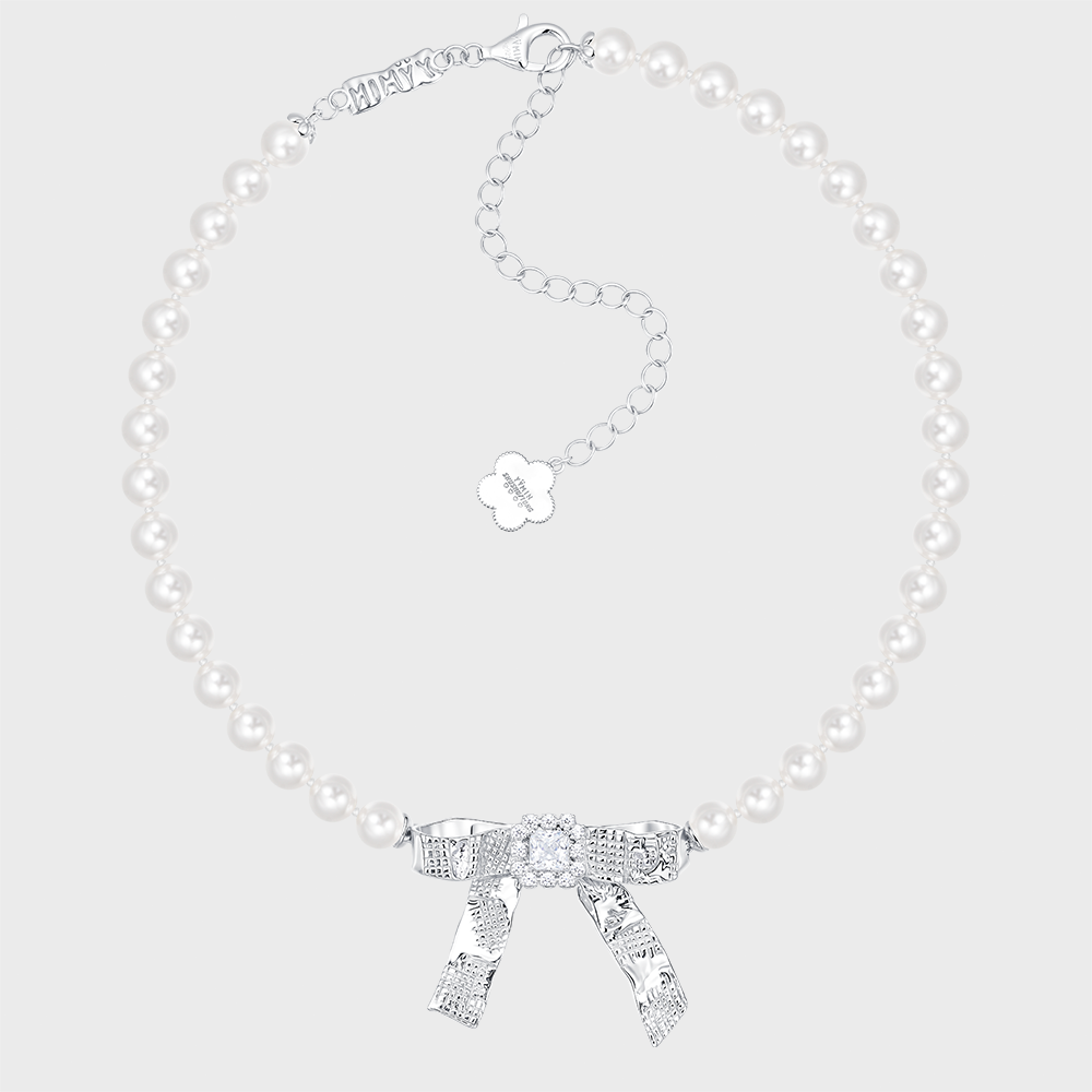 [슈슈통] (W) TIN FOIL BOW PEARL NECKLACE (SILVER)