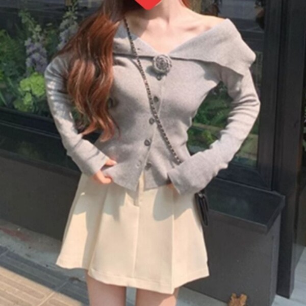 보드미 여성 골지 오프숄더 가디건 그레이 1P 코사지 슬림핏