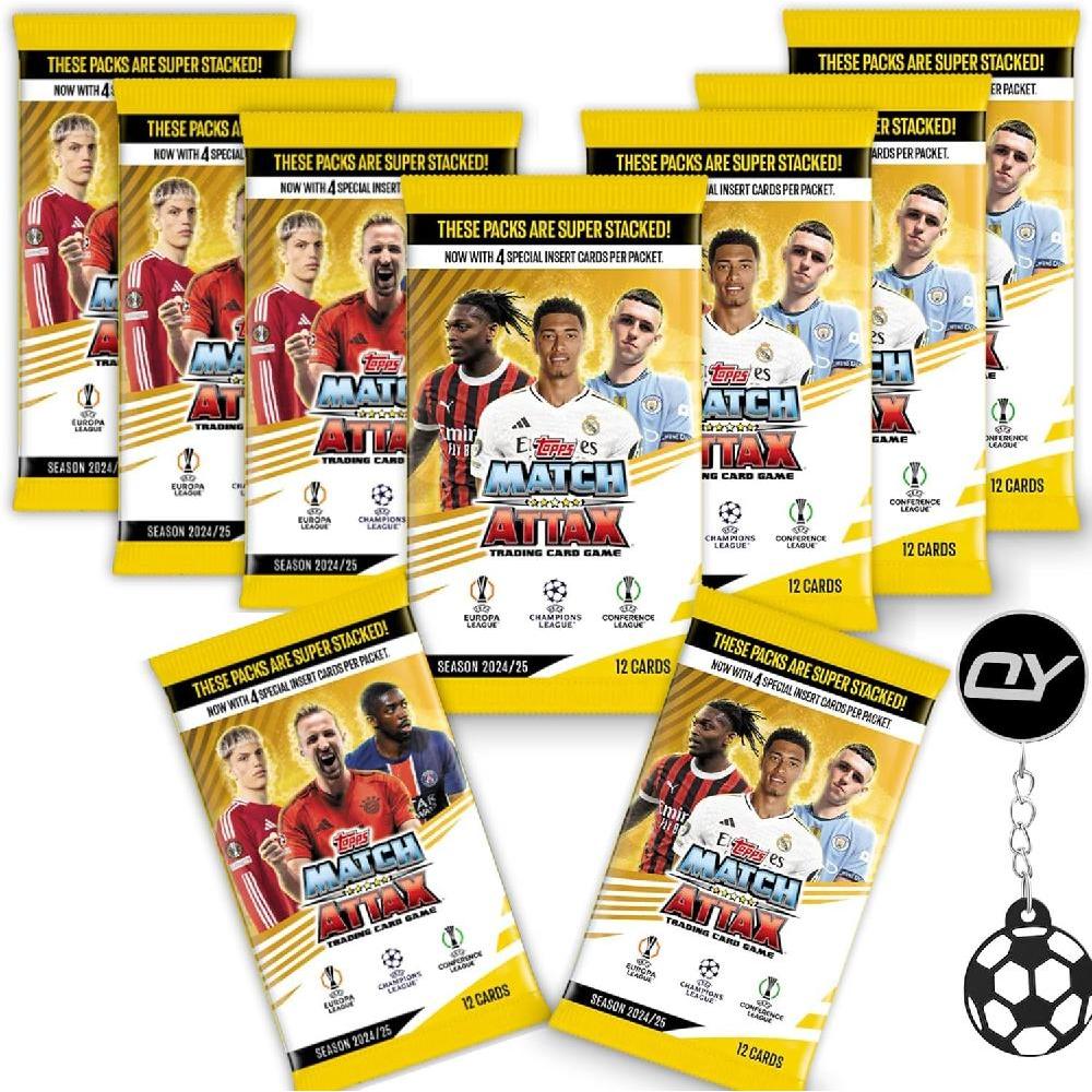 9 x Topps 매치 Attax 2024-2025 카드 팩 + 축구 열쇠 고리 1개 - 프리미어 리그 트레이딩 2024