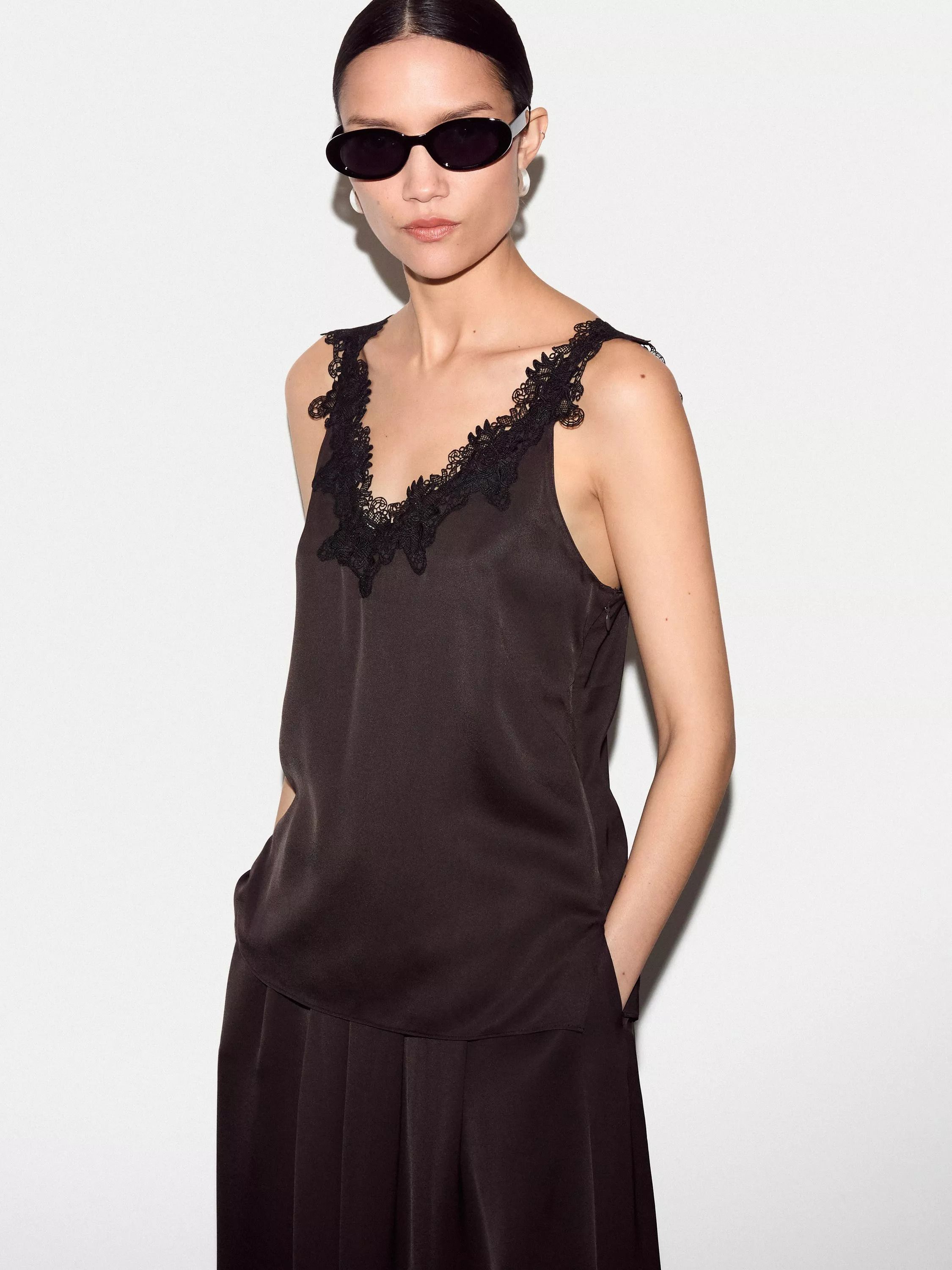 직소 브라운 레이스 디테일 캐미탑 새틴 캐미솔 탑 Satin Lace Detail Cami Top, Brown 115191600 155659379