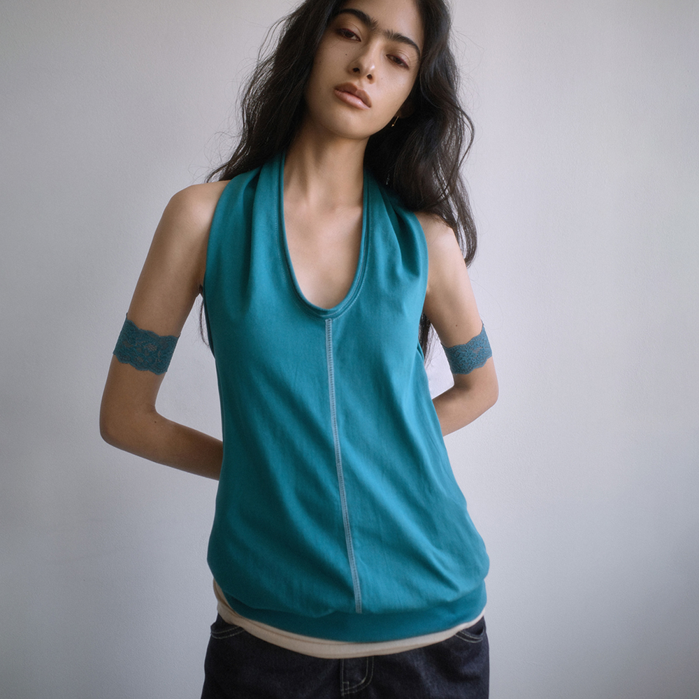 [포르테나] OPEN-BACK DRAPED HALTER TOP-TEAL BLUE