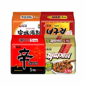 신라면 10봉 + 안성탕면 10봉 + 너구리 10봉 + 짜파게티 10봉[짬뽕,삼양라면,꼬꼬면,너구리,진라면,짜장면,오동통면,짜파게티,안성탕면,신라면]