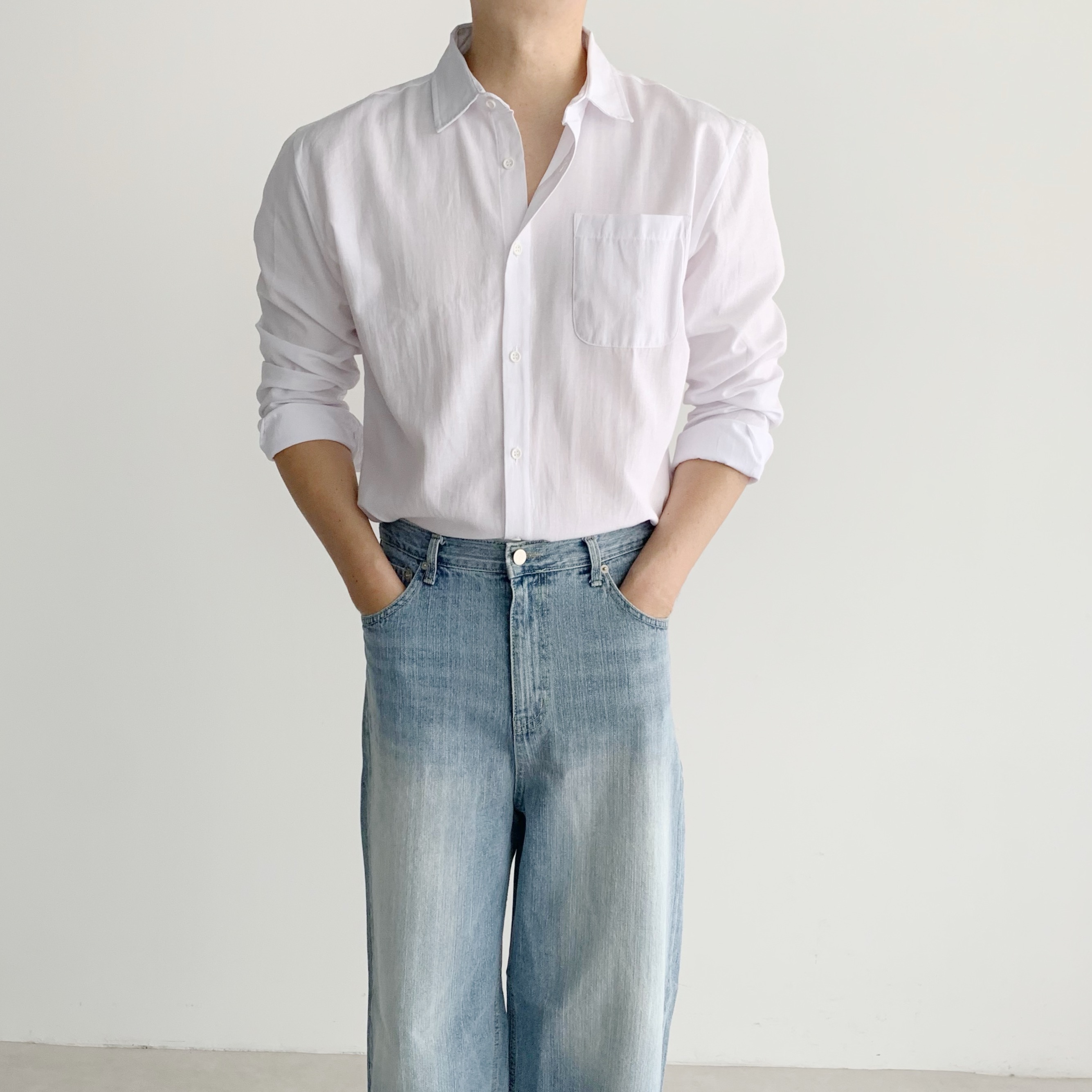 남자 오버핏 흰색 쿨 여름 린넨 셔츠