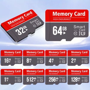 128MB, 256MB, 512MB, 1GB, 2GB, 4GB, 8GB, 16GB, 32GB, 64GB 크기로 제공되는 메모리 카드. 태블릿, 카메라, 스마트폰, 노트북, 차량
