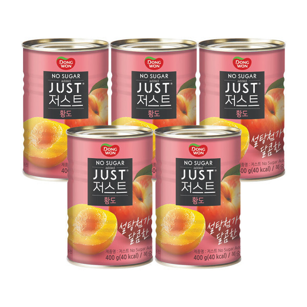 Dongwon JUST No Sugar Halved Yellow Peaches, Canned, 400g, 5 Cans
