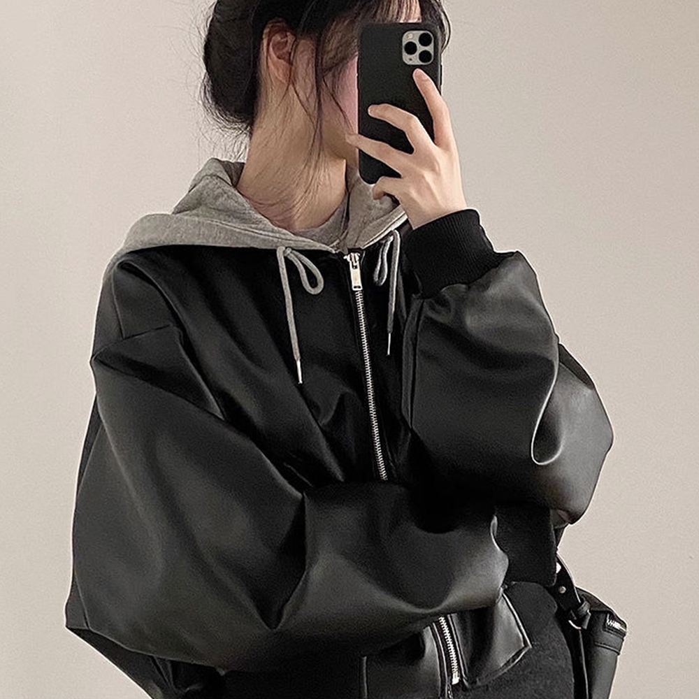 LnD 여성 후드 레더자켓 박시핏 페이크레더 점퍼