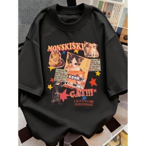Y2K 레트로 고양이 포스터 프린트 티셔츠, 반팔 라운드넥 티셔츠. 고양이 애호가를 위한 필수템