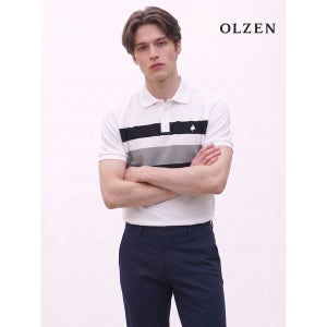 [올젠] 블럭 배색 카라티셔츠 반팔 화이트 ZPF2TT1805