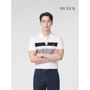 [올젠] 블럭 배색 카라티셔츠 반팔 화이트 ZPF2TT1805