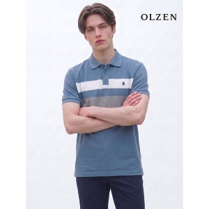 [올젠] 블럭 배색 카라티셔츠 반팔 블루 ZPF2TT1805