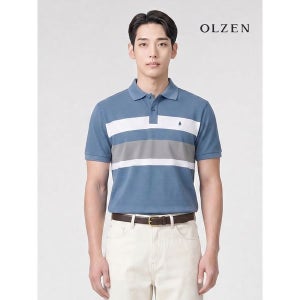 [올젠] 블럭 배색 카라티셔츠 반팔 블루 ZPF2TT1805