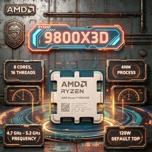 AMD 라이젠 7 9800X3D 트레이 CPU 8코어 16스레드 4.7GHz 최대 5.2GHz Zen5 AM5 4NM 3D V-캐시 언락 게이밍 팬 미포함