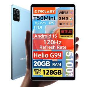 테클라스트 T50 미니 8.7인치 태블릿 안드로이드 15 G99 8코어 20GB(8GB+12GB 확장) 램 128GB 롬 4G LTE 타입-C GPS 120Hz 재생률