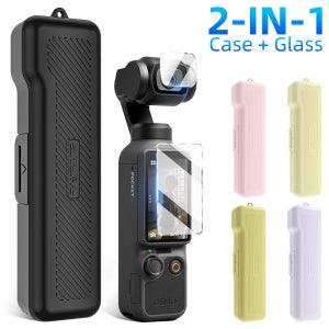 DJI 오즈모 포켓 4 PC용 2 in 1 케이스 + 강화유리, 휴대용 하드 플립형 보호 케이스 (끈 포함) 및 스크린 보호 필름 액세서리