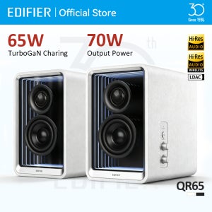 Edifier QR65 데스크탑 액티브 모니터 블루투스 스피커, GaN 충전기 포함, 고해상도 LDAC 코덱, RCA Aux USB 입력, 조명 효과