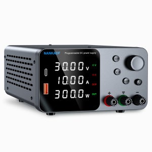 4자리 LED 디스플레이를 갖춘 30V 5A 10A 실험실 조정 가능한 DC 전원 공급 장치; 인코더 조정 기능을 갖춘 USB-A/Type-C 5V/3.6A 고속 충전