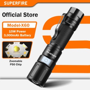 SUPERFIRE X60 줌이 가능한 충전식 손전등 900 루멘 XHP90 LED 강력한 헤비 듀티 슈퍼 밝은 토치 라이트