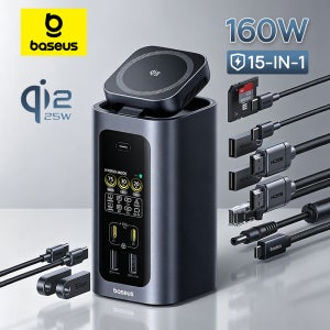 베이스어스 15-in-1 도킹 스테이션 160W USB C 허브 (Qi2.2 25W 무선 충전, 2개의 HDMI 4K@120Hz/60Hz 포트 포함) 180W GaN 어댑터 허브 