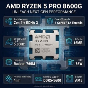 R5 PRO 8600G 새로운 AMD Ryzen 5 PRO 8600G 4.3GHz 소켓 AM5 65W AMD Radeon 760M - 100-000001239 (팬 없음)