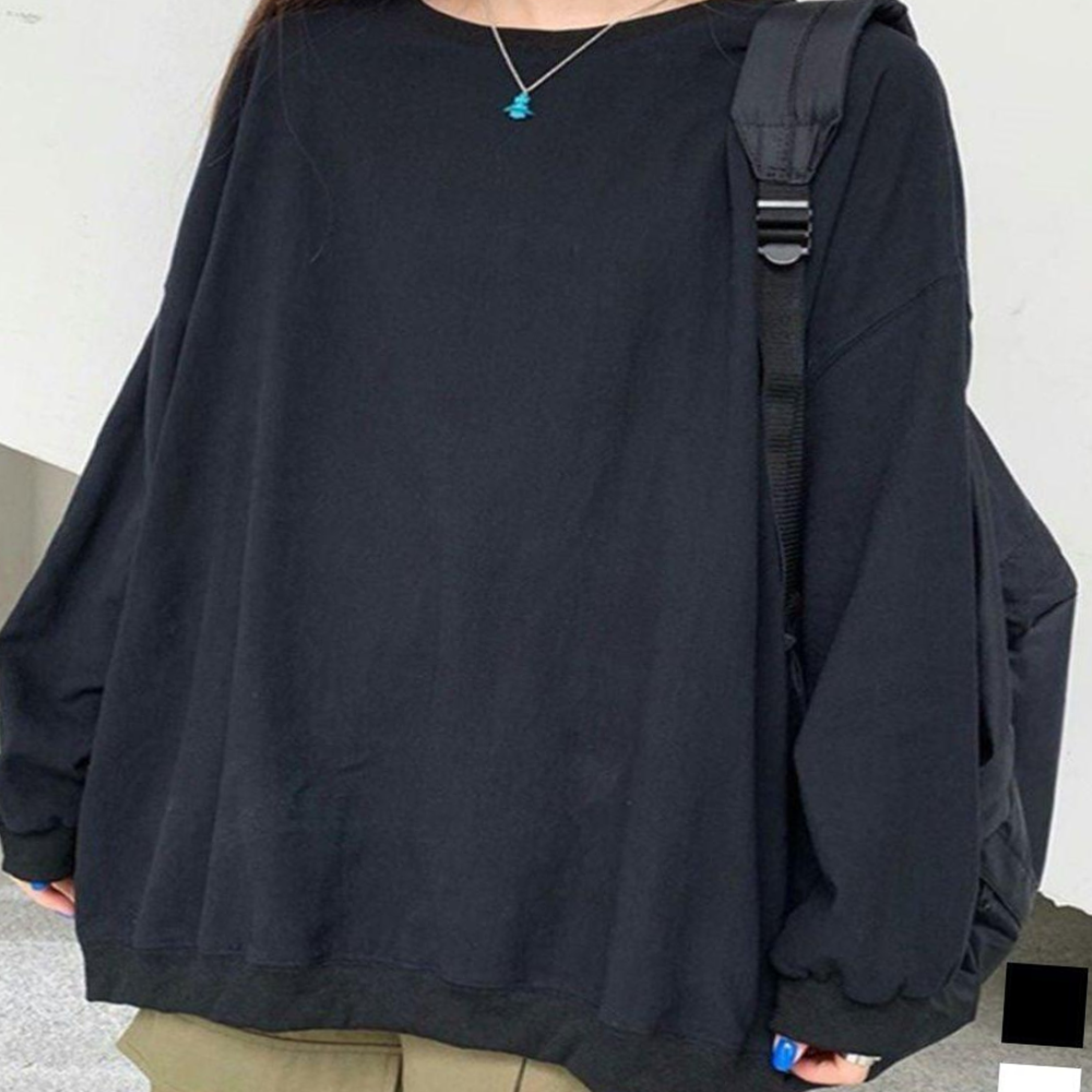 여성 오버핏 라운드넥 얇은 맨투맨 긴팔 티셔츠