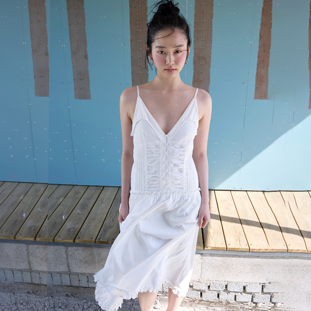 [미치코런던 코시노] Unbalanced Frill Dress White
