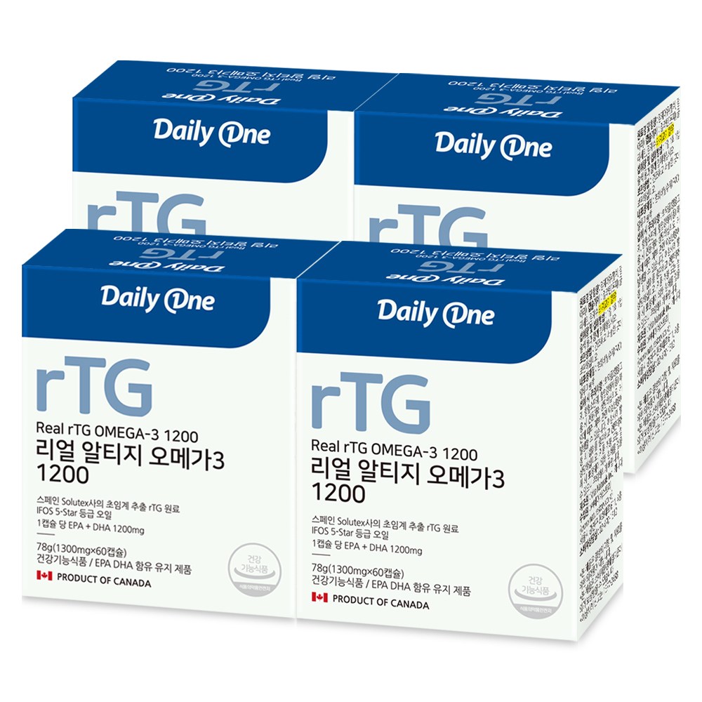 데일리원 리얼 알티지 오메가3 1200 초임계 추출 EPA 및 DHA 60캡슐 60정 78g 4개