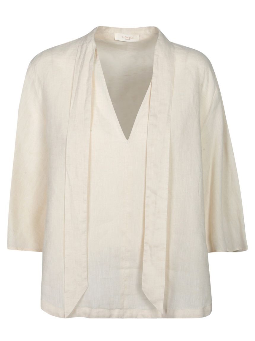 Incotex 25SS 라이트 웨이트 린넨 블라우스 크림 화이트 5S1004L7022020 linen with a V 넥라인 Three quarter sleeve 135419480