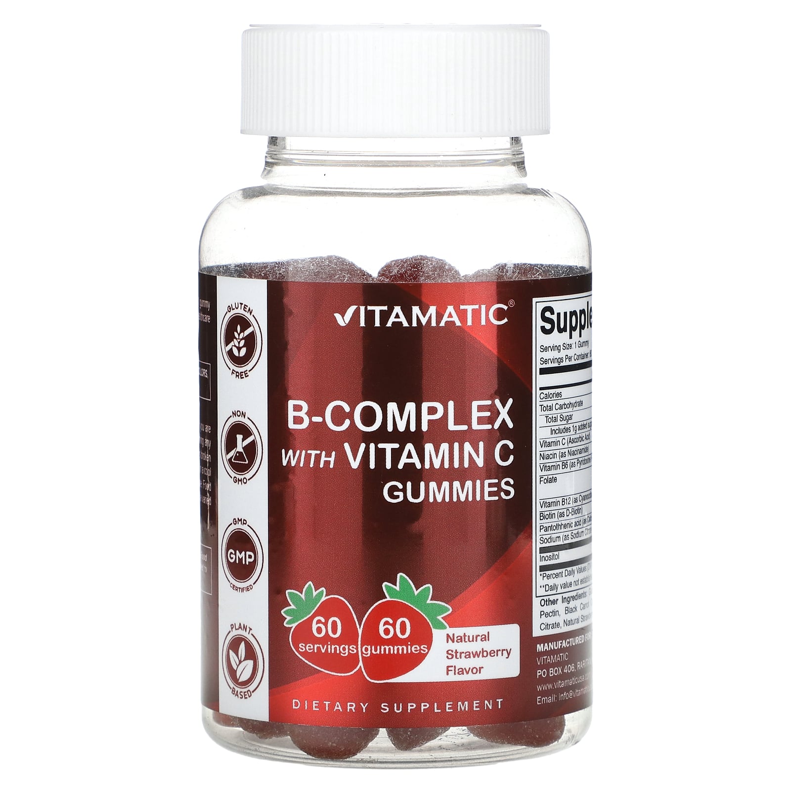 Vitamatic 바이타매틱 <b>B</b>-<b>콤플렉스</b> <b>비타민</b> C <b>스트로베리 60 구미</b> 보충제