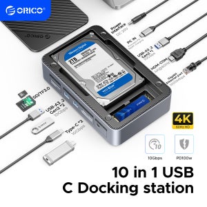 ORICO 10 in 1 SSD 인클로저(M.2 Nvme Sata 케이스 포함) 3.5인치 18TB HDD 케이스 RJ45 1000Mbps SD/TF3.0 PD100W 충전