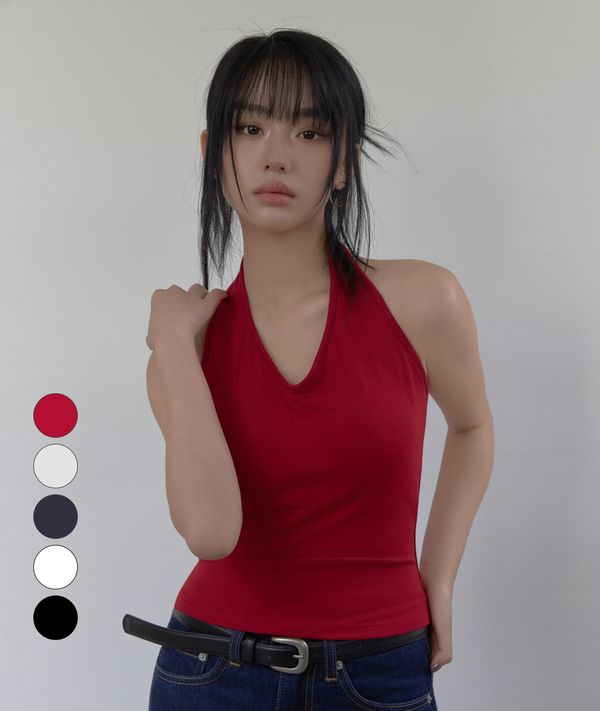 [릿지서울] V넥 홀터 캡내장 슬림 슬리브리스